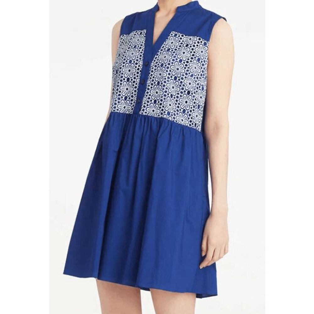Draper James Womens Size XL Blue White Sami Sleeveless Shirt Dress in Daisy Lace